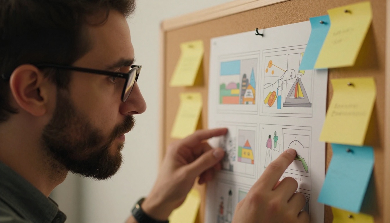 Creative director reviewing storyboards pinned to a corkboard in warm tungsten Rembrandt lighting