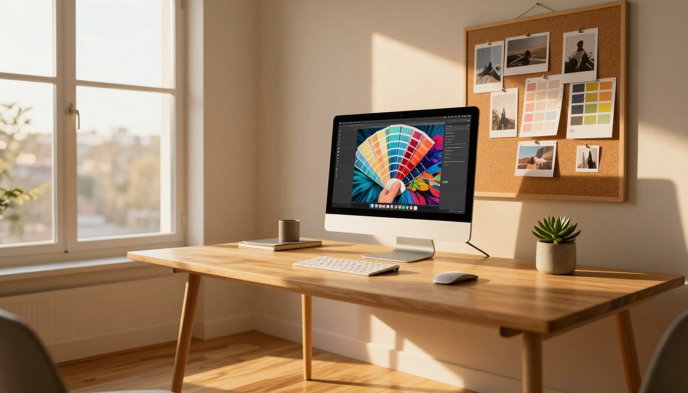 Beautifully arranged creative workspace with iMac displaying vibrant AI artworks in warm golden hour light