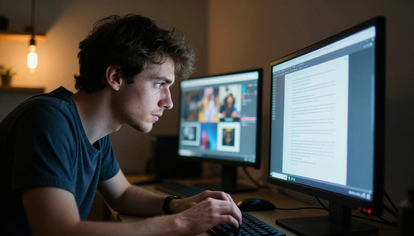 Young man leaning forward typing an AI prompt into a glowing monitor in a dark creative workspace, cool blue monitor light illuminating his focused face, warm Edison bulb accent on the side wall