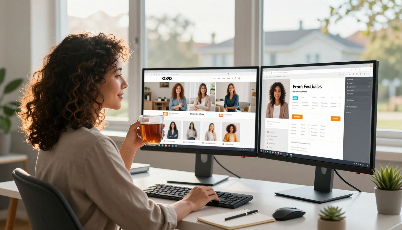 E-commerce entrepreneur managing an AI image generation workflow from her dual-monitor home office