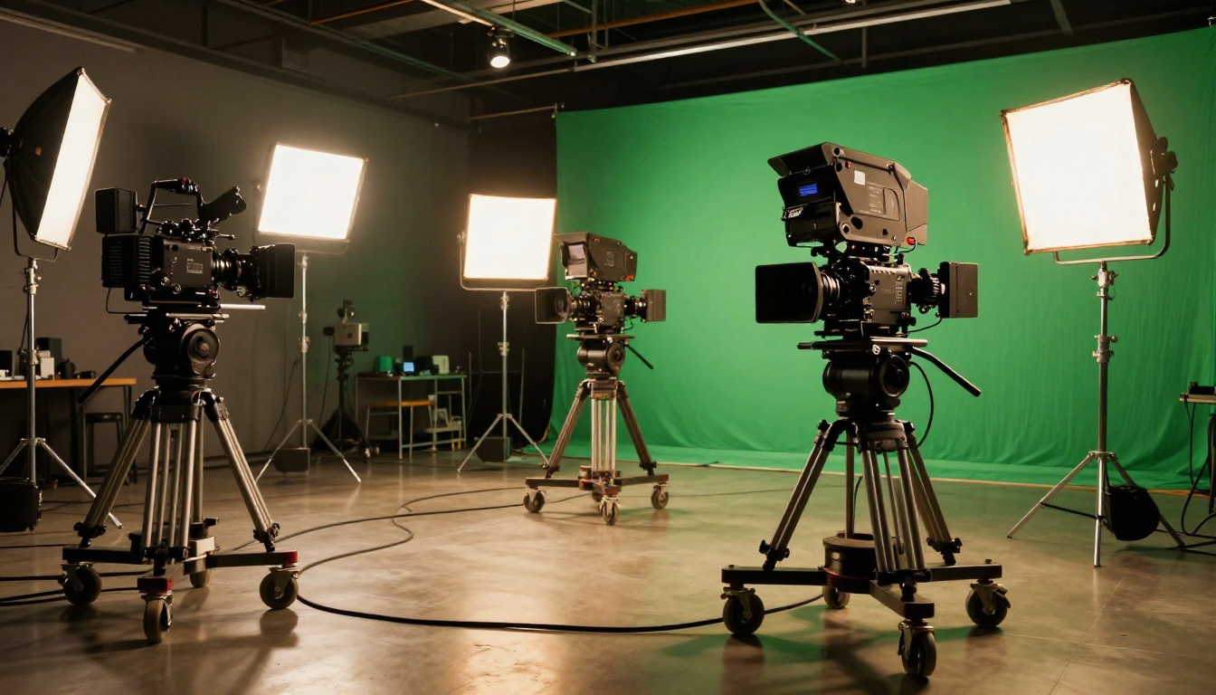 Wide shot of professional film production studio with cinema camera rigs and LED lighting arrays