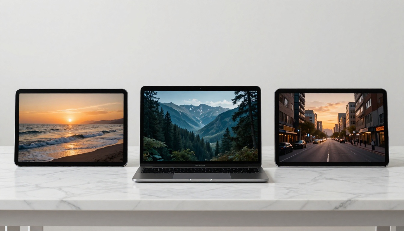Three tablets side by side on white Carrara marble surface showing different AI-generated video scenes in golden, blue-green, and amber tones, flat overhead shot with diffused daylight