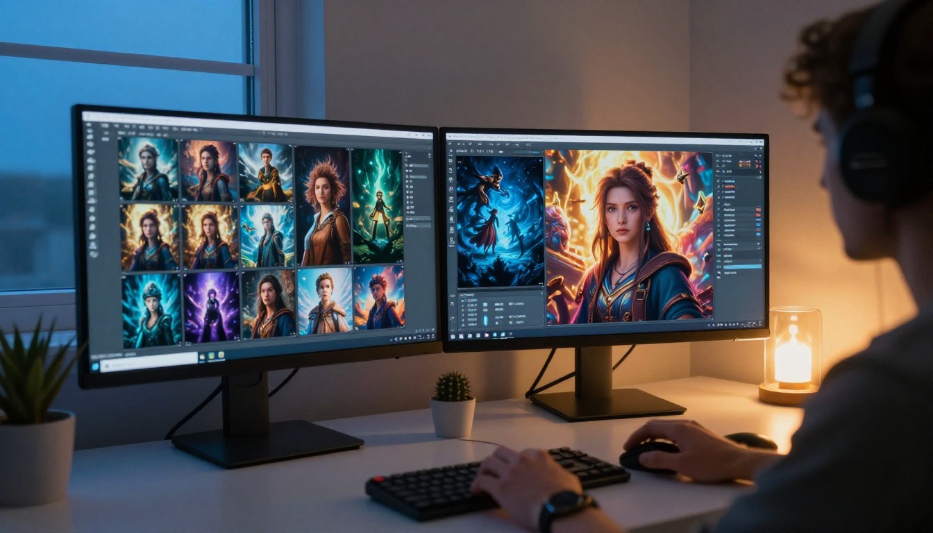 Professional comparing AI model outputs on dual monitor workstation at evening