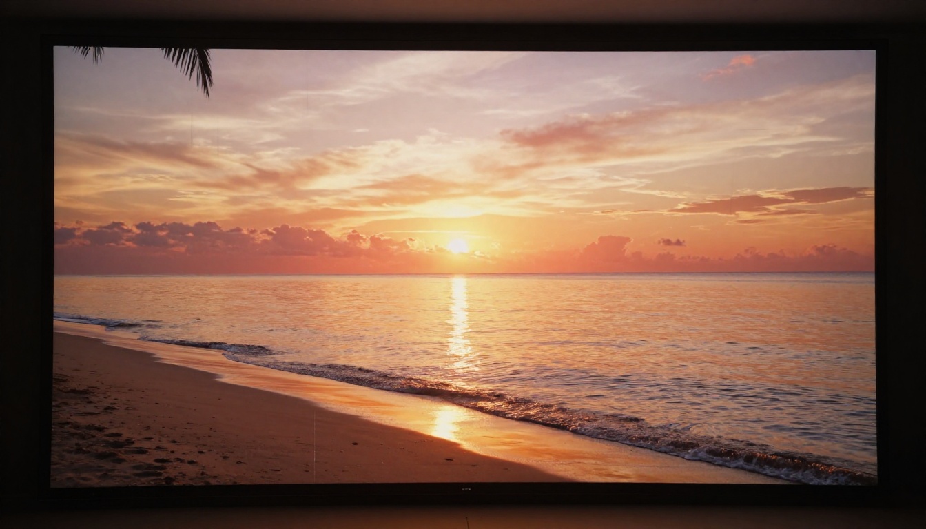 Large 4K display showing a photorealistic AI-generated tropical beach sunset scene with coral sky and specular water reflections, display filling the frame in a dark room
