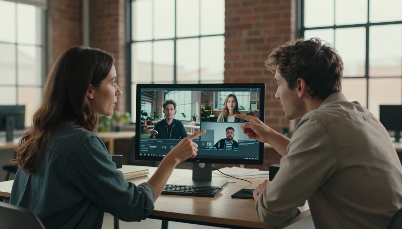 Two creative professionals comparing AI video outputs side by side on a shared monitor in a brick-wall office