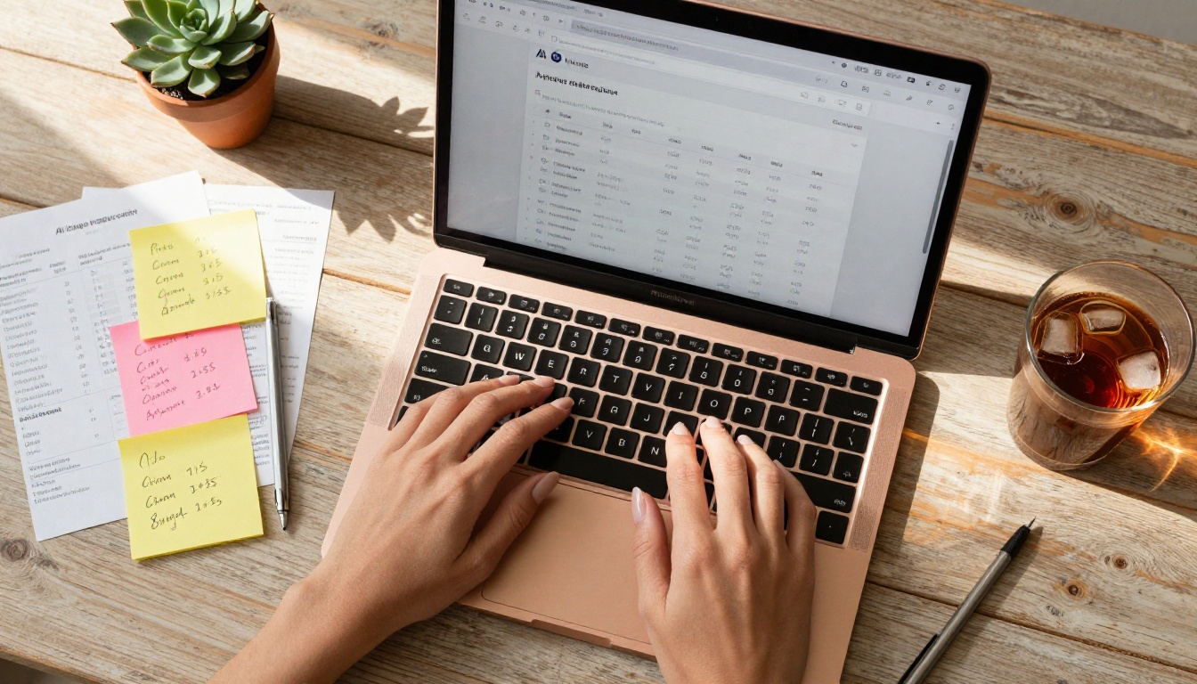 Pricing comparison research on laptop with cost calculation notes on desk