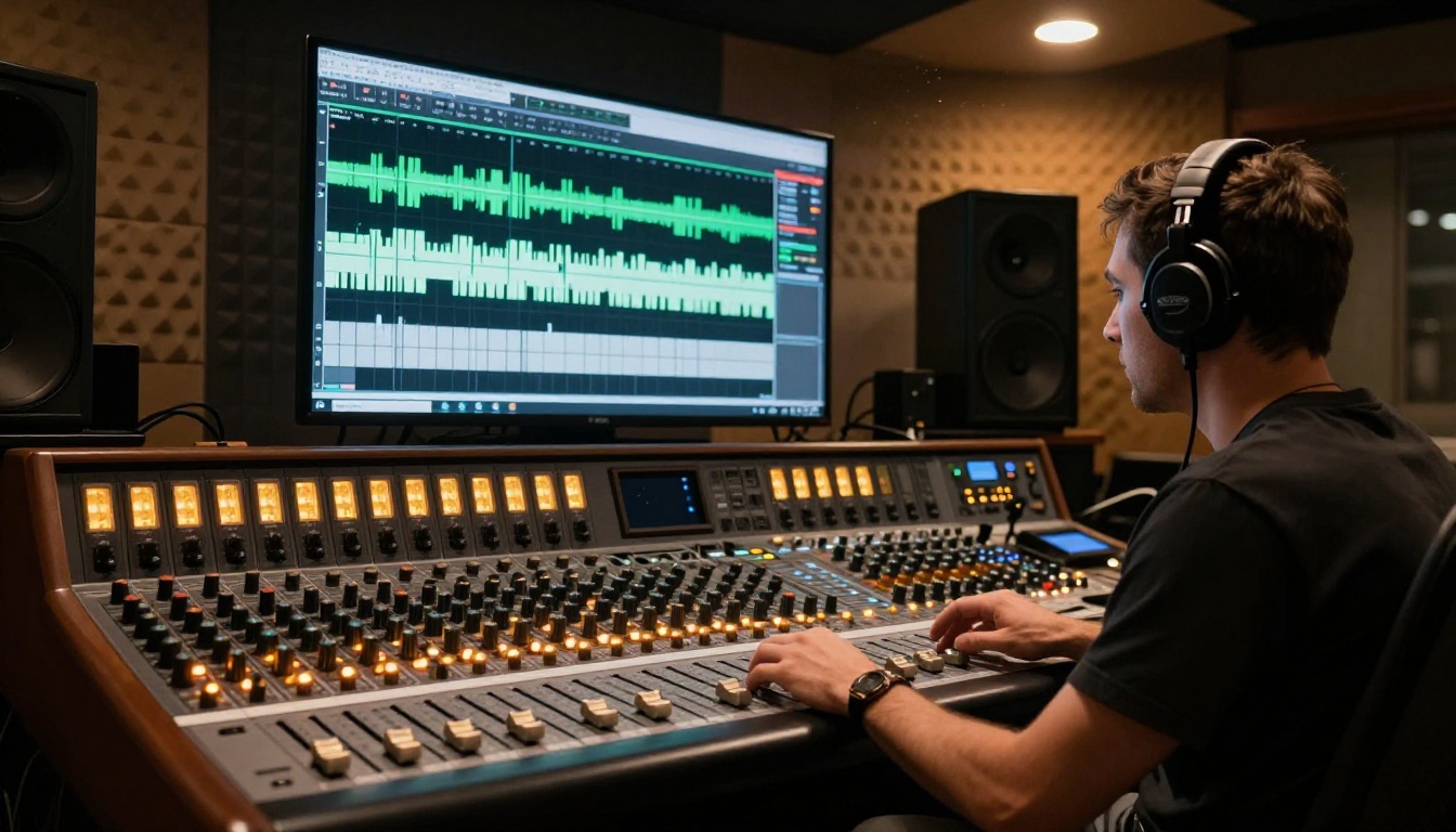 Professional audio engineer wearing closed-back headphones at a mixing console, warm tungsten overhead light, waveform visualizations on screen behind, honeycomb acoustic foam panels on studio walls