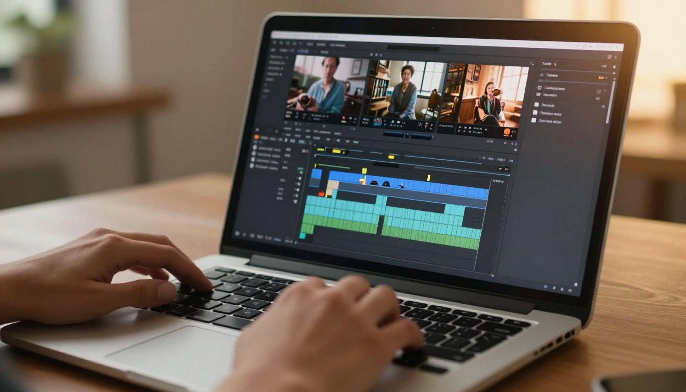 Laptop with AI video editing timeline on screen with hands resting on keyboard in warm coffee shop setting