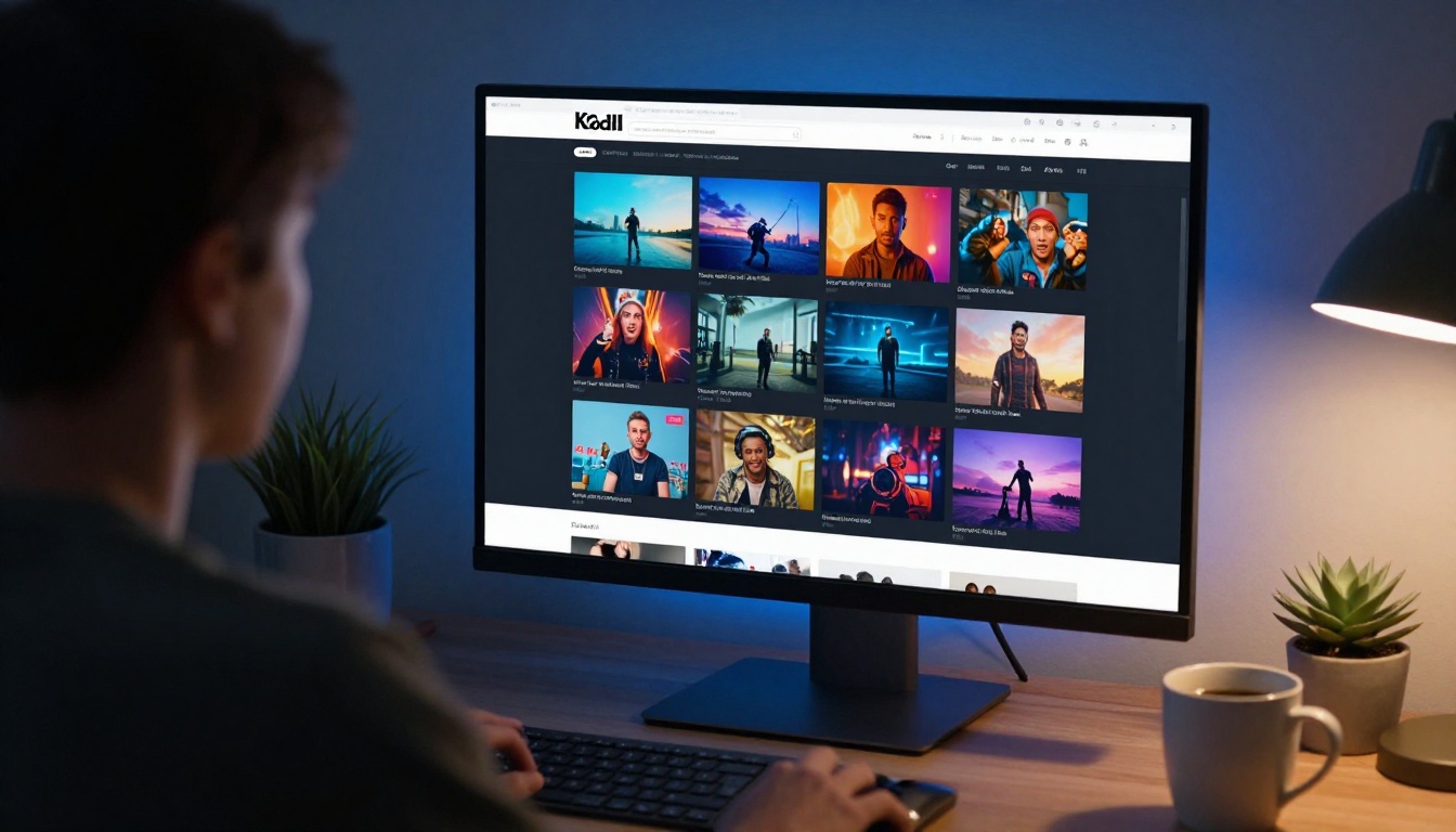 Person browsing an AI model platform on a large widescreen monitor showing colorful video thumbnails in a dimly lit home office, screen glow providing blue ambient fill light