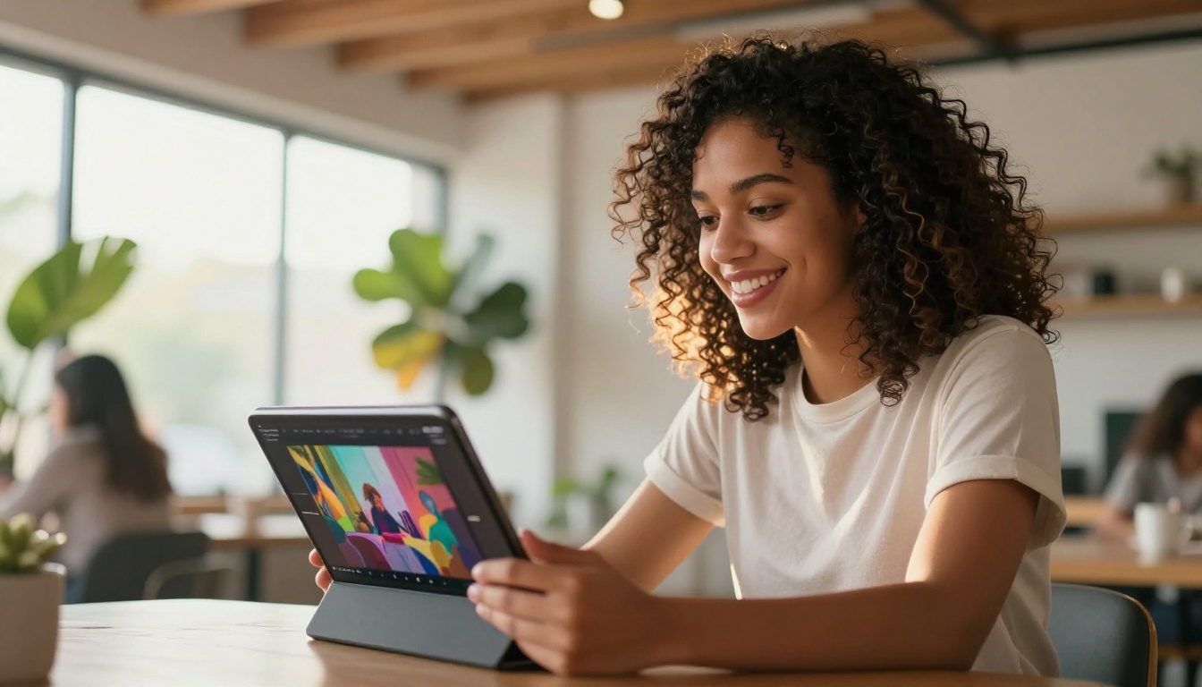 Young creative woman with natural curly hair smiling while reviewing an AI-generated video on a tablet in a bright co-working space, warm golden afternoon light from side windows, fiddle-leaf fig plant softly blurred in background