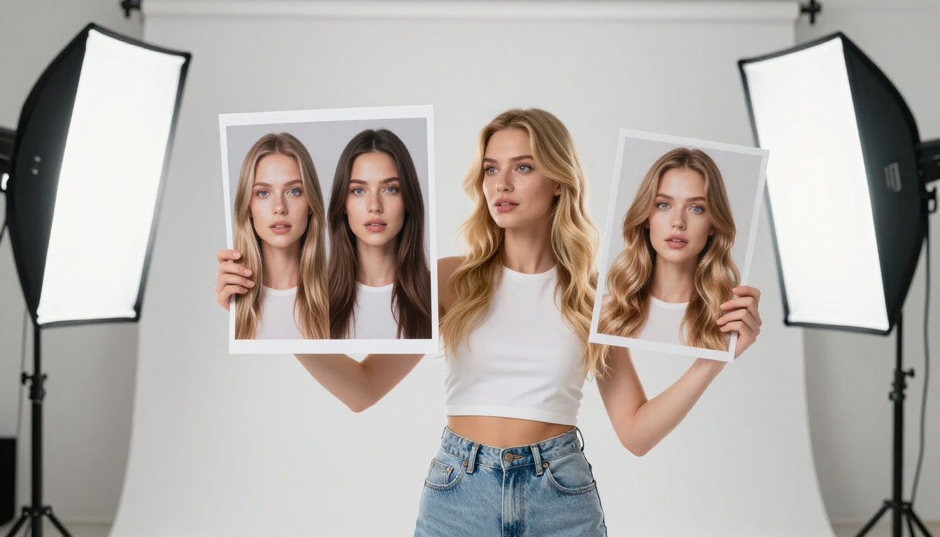 Woman in studio holding and comparing printed AI-generated images side by side