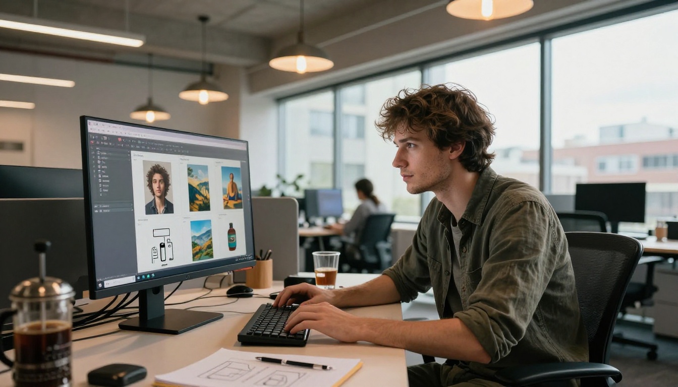 Stylish creative professional browsing AI model outputs on curved monitor in open office