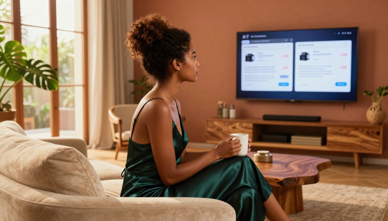 Elegant woman studying AI platform pricing comparison displayed on wall-mounted screen