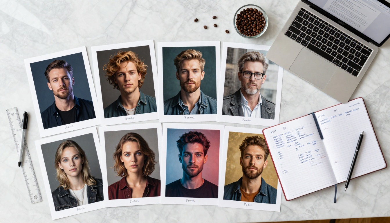 Overhead flat-lay of printed AI images organized on marble desk alongside budget notes