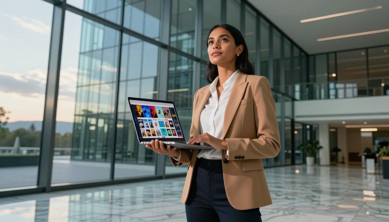 Confident professional holding laptop with AI platform in modern glass office lobby