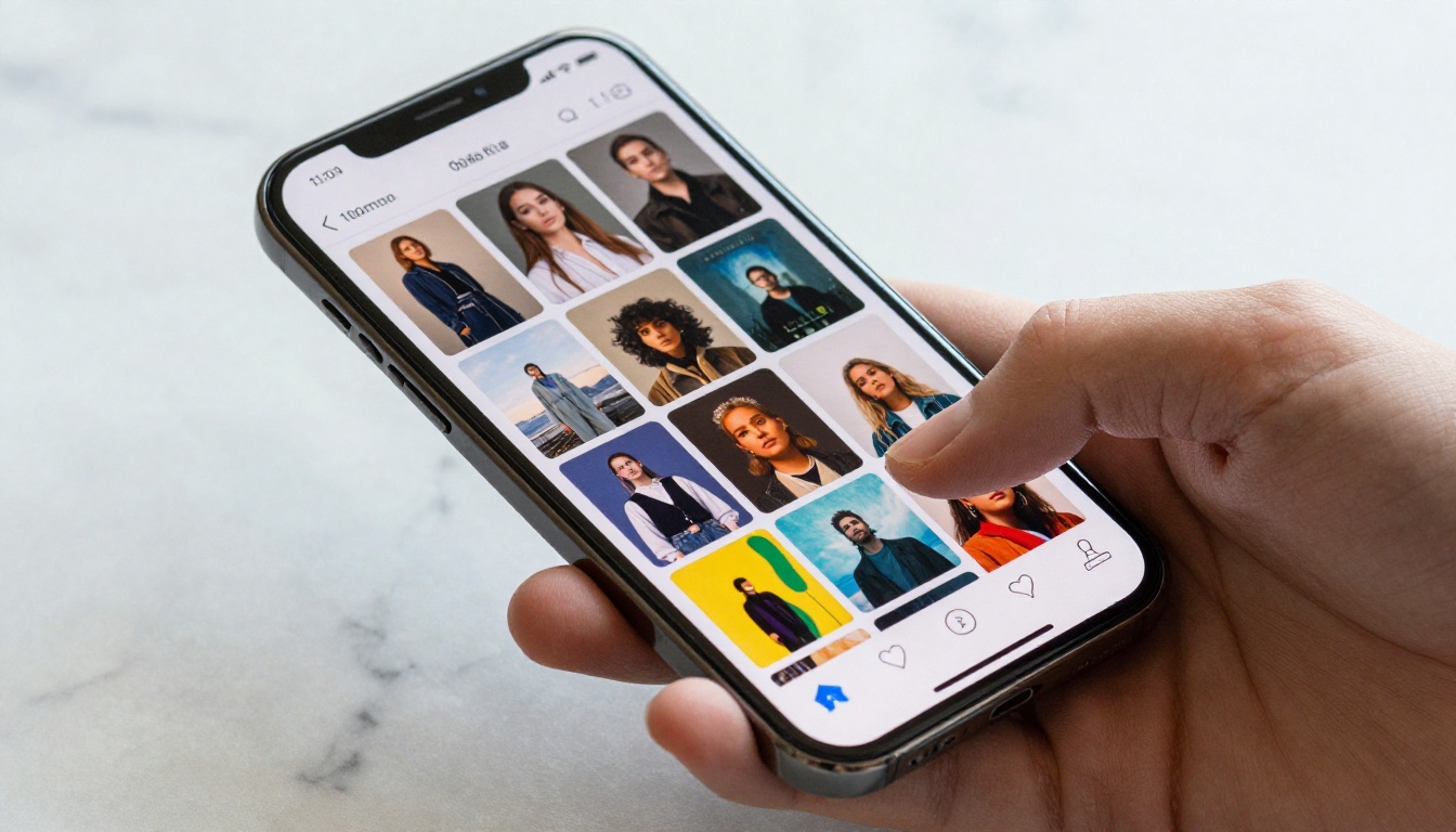 Hand scrolling through AI image grid on mobile phone Hand scrolling through AI image grid on mobile phone