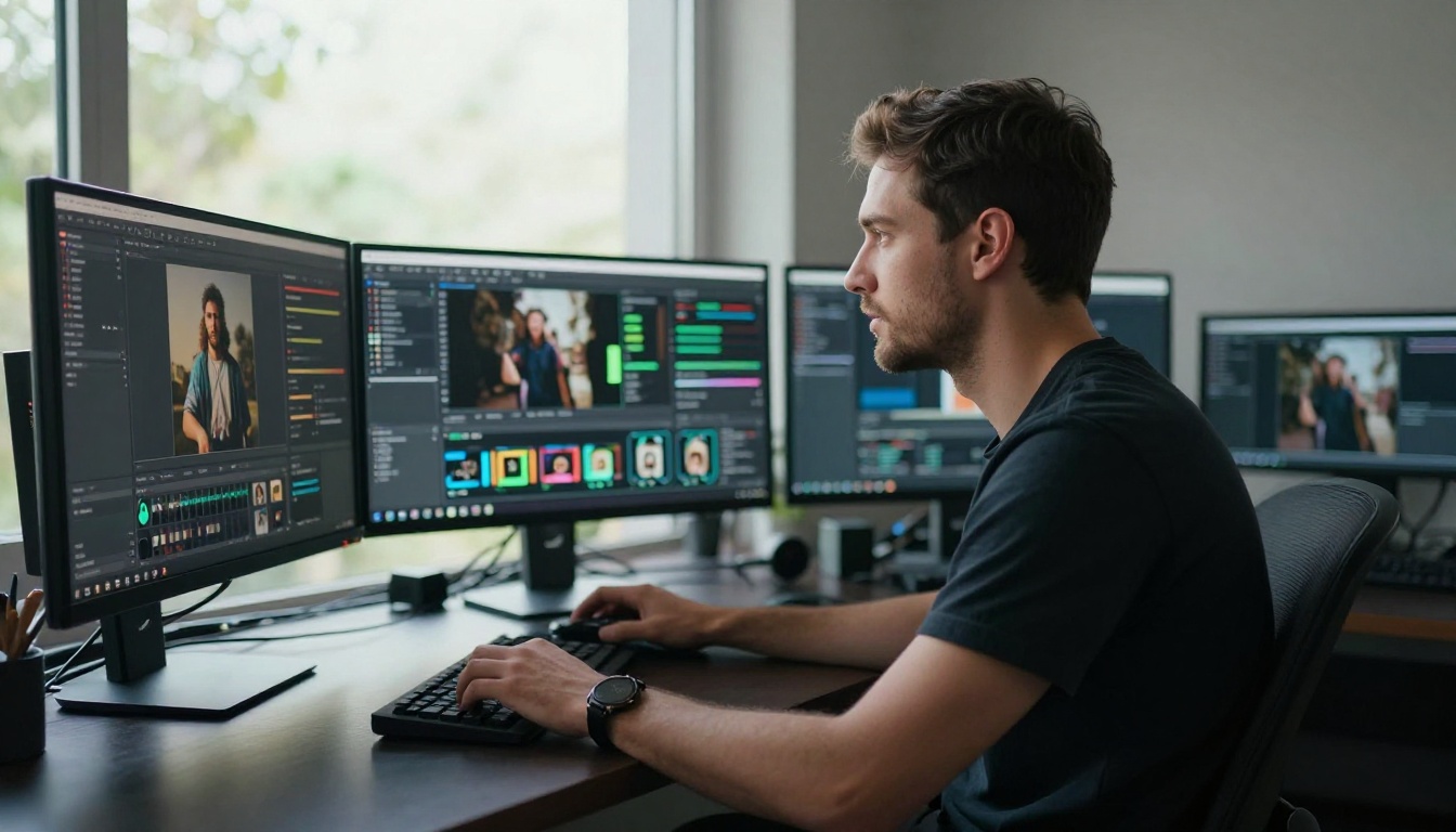 Professional content creator at multi-monitor setup