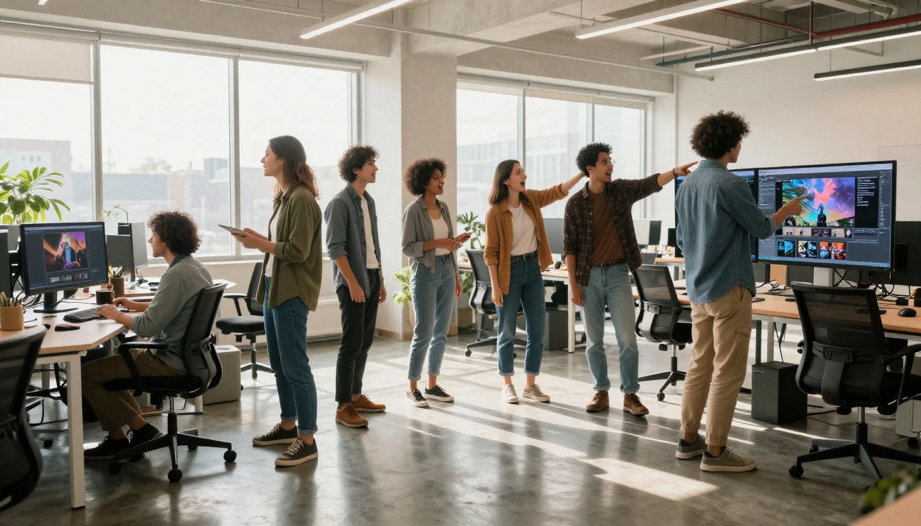 Creative team gathered around large office monitor