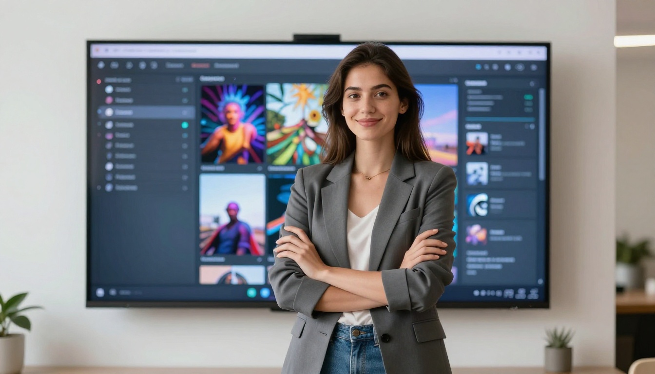 Confident woman standing in front of AI dashboard on large TV