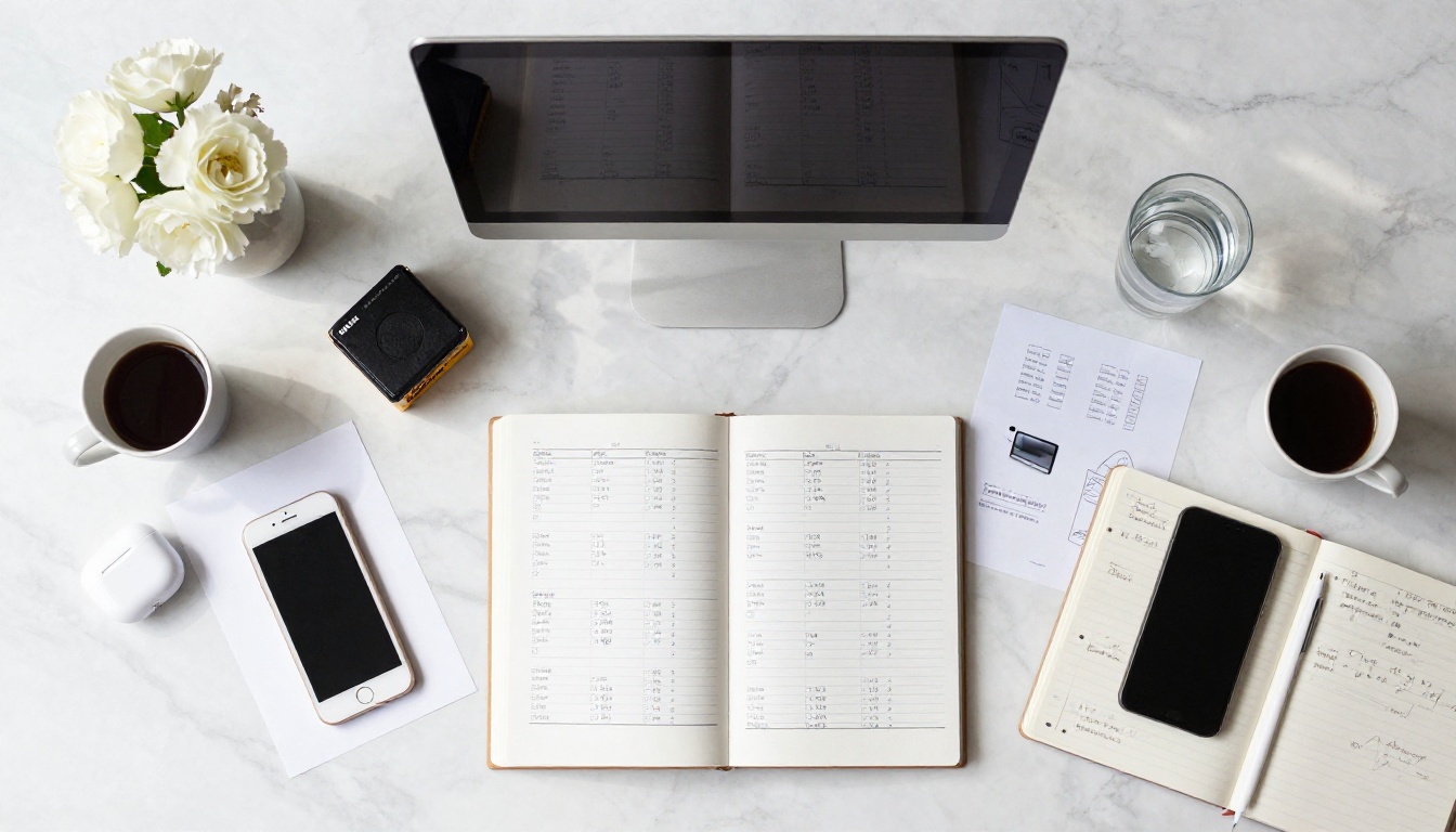 Overhead flat-lay workspace with design materials, coffee, and printed mockups