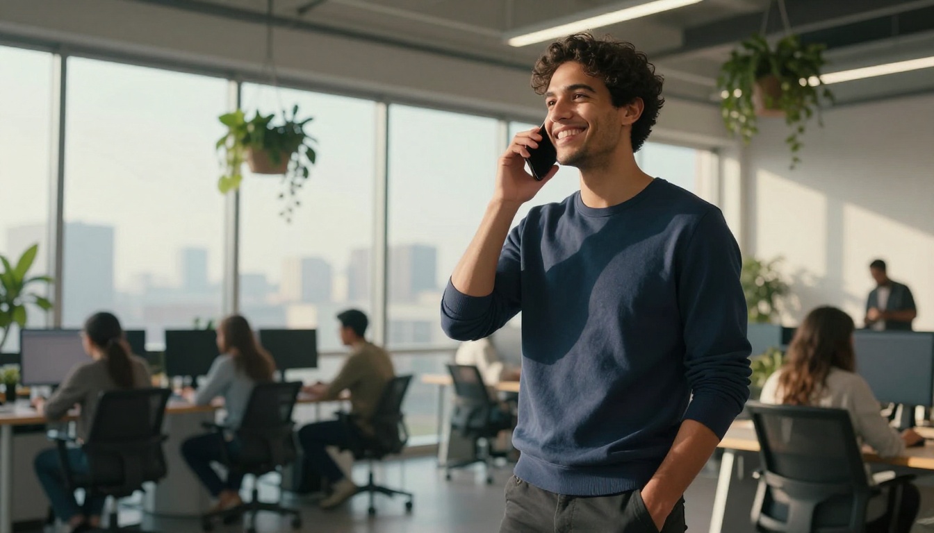 Confident young man in modern coworking space checking his phone with a smile