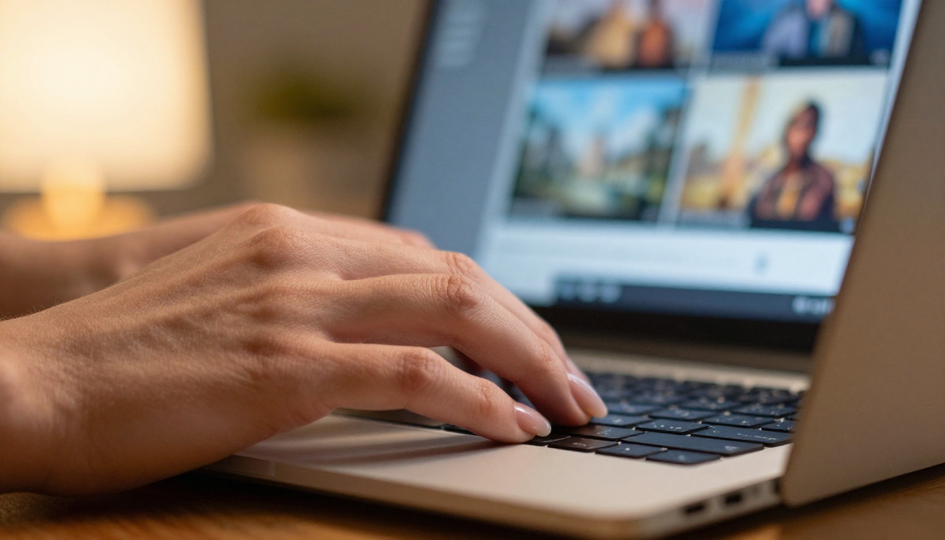 Woman's hands typing on laptop keyboard with AI image grid visible on blurred background monitor