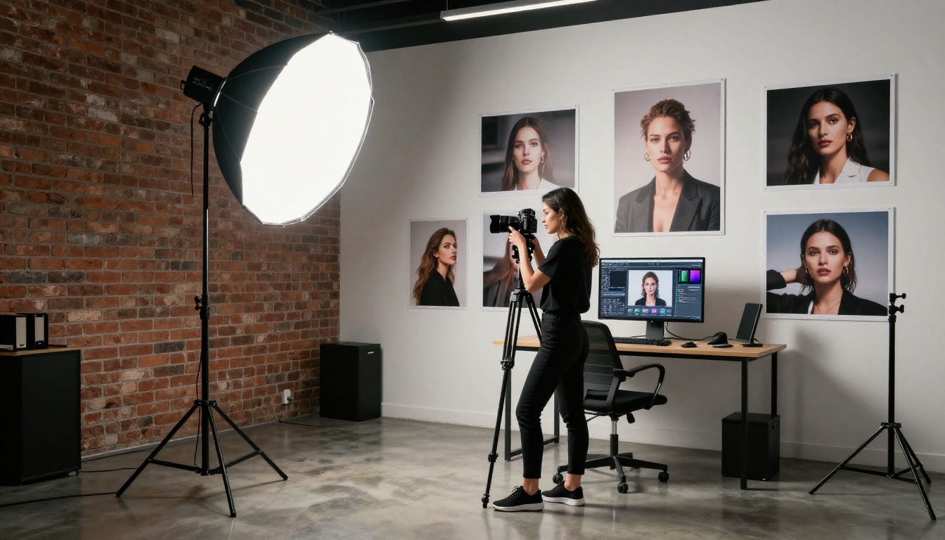 Professional photography studio interior with AI editing interface open on monitor