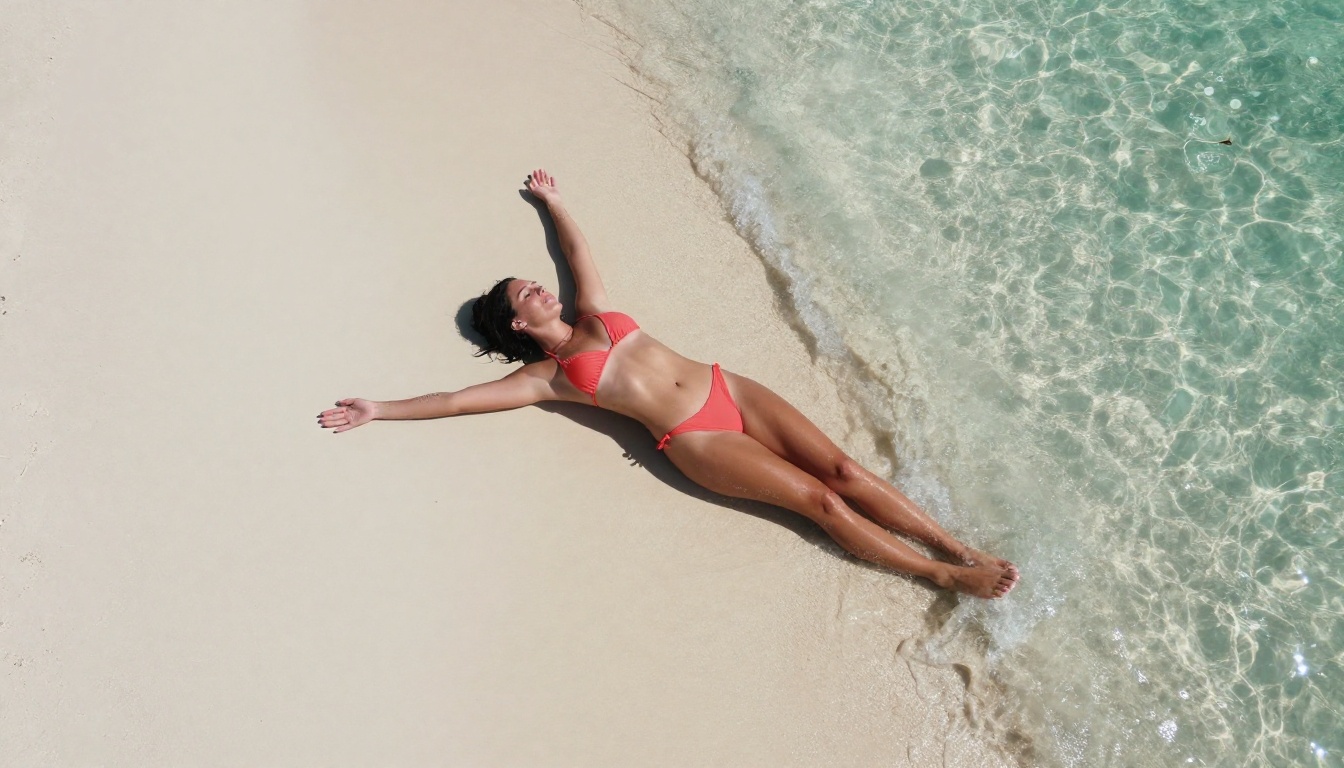 Aerial drone view of woman in coral bikini lying on white sand beach with turquoise water at shoreline