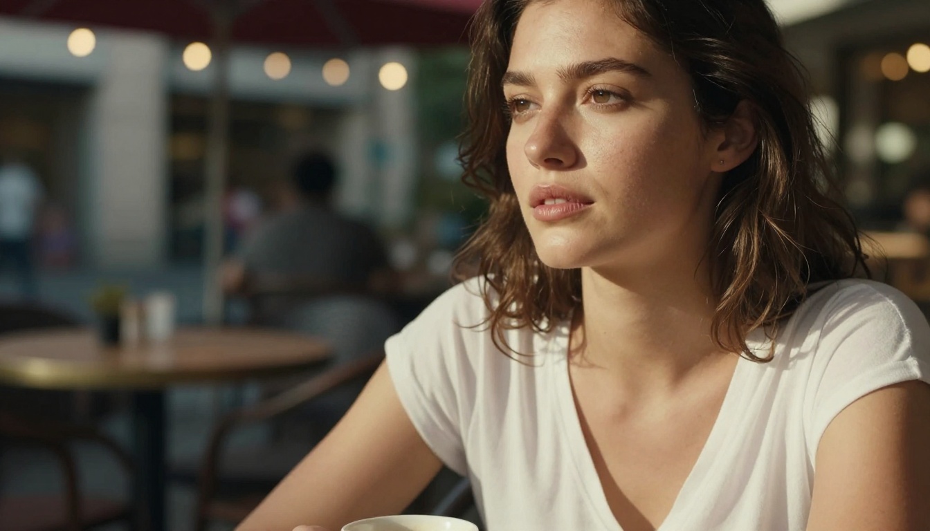 Close-up portrait of woman at outdoor cafe table with warm afternoon Rembrandt lighting