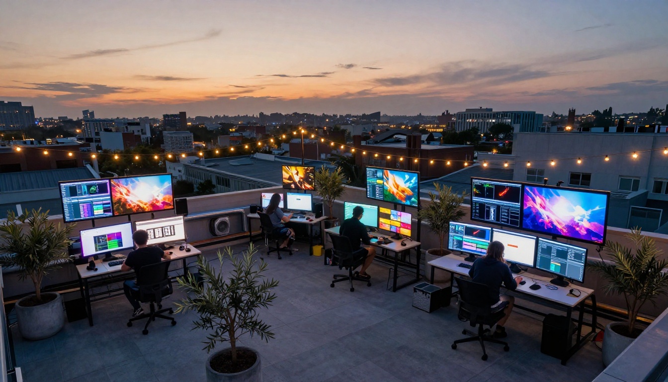 Aerial view of a rooftop creative studio at dusk with multiple glowing monitor setups Aerial view of a rooftop creative studio at dusk with multiple glowing monitor setups