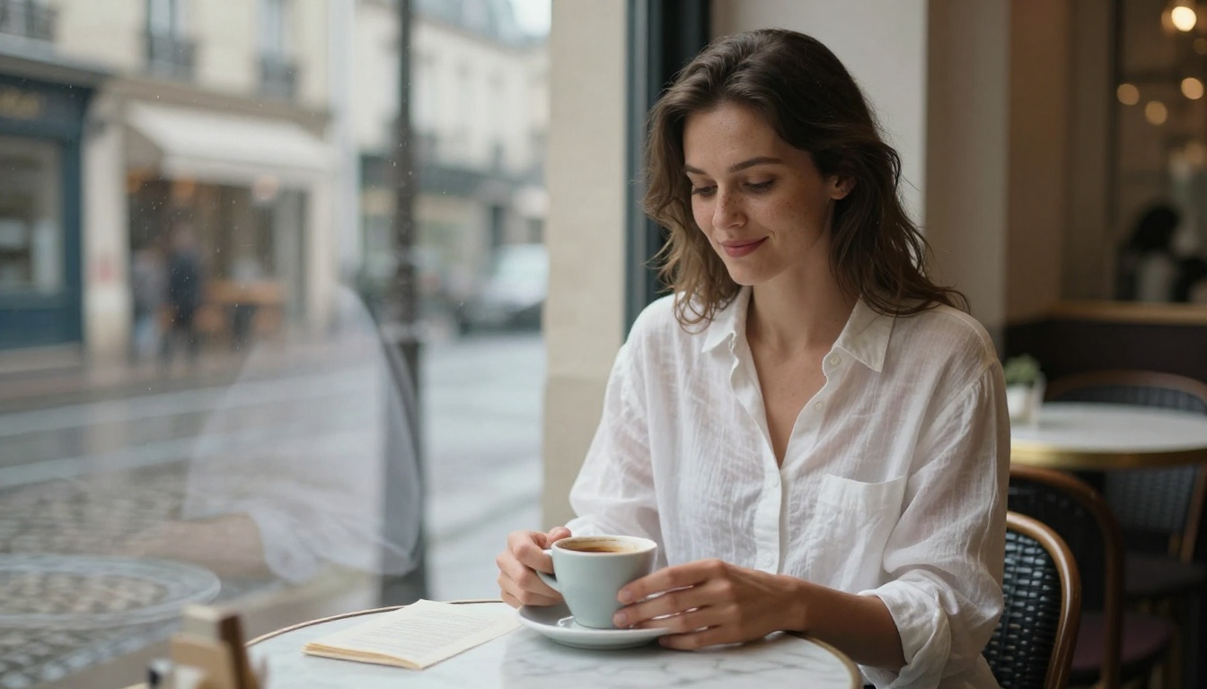 Woman in sheer linen blouse at a Parisian cafe window, soft diffused light Woman in sheer linen blouse at a Parisian cafe window, soft diffused light
