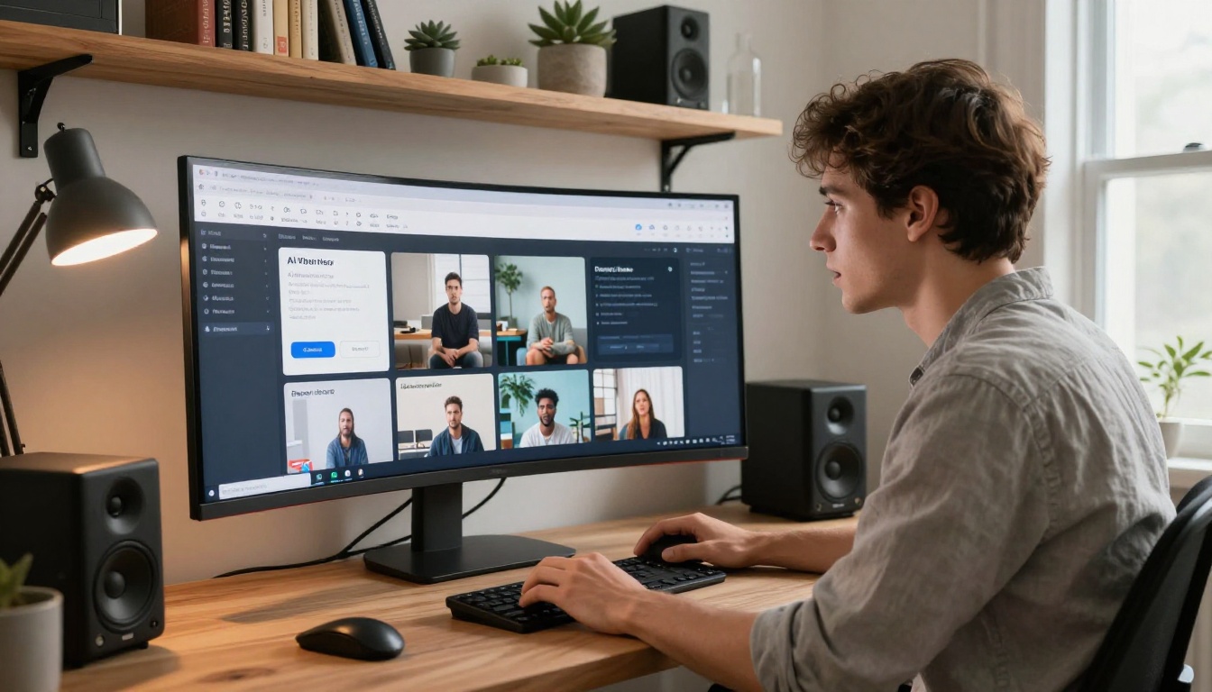 Man in grey linen shirt browsing AI video platform on large ultrawide monitor at a standing desk Man in grey linen shirt browsing AI video platform on large ultrawide monitor at a standing desk