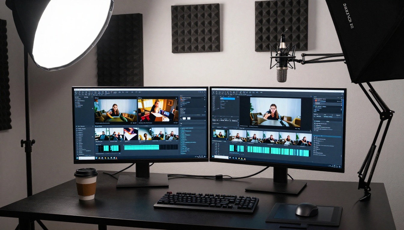 Professional content creation studio with dual 4K monitors showing AI video timelines and acoustic foam panels