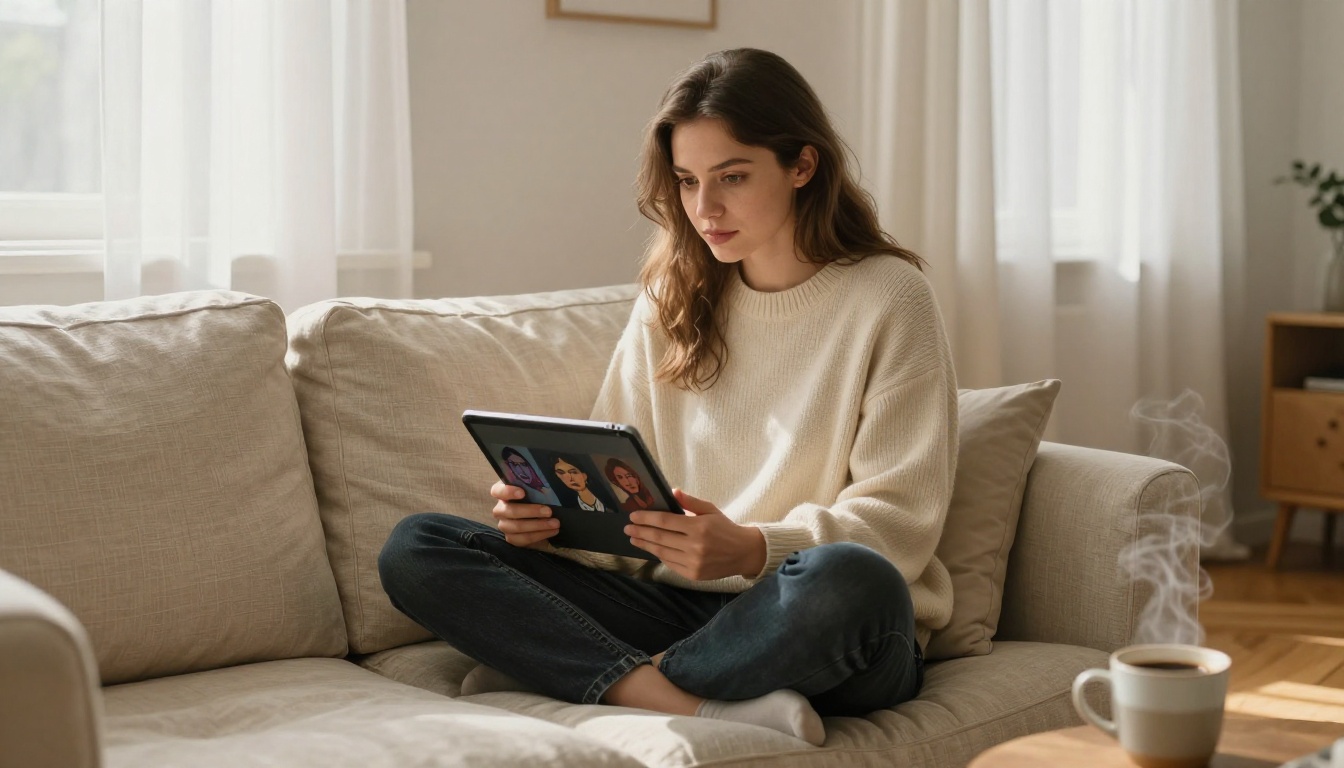 Woman using AI creative platform on tablet in sunlit apartment