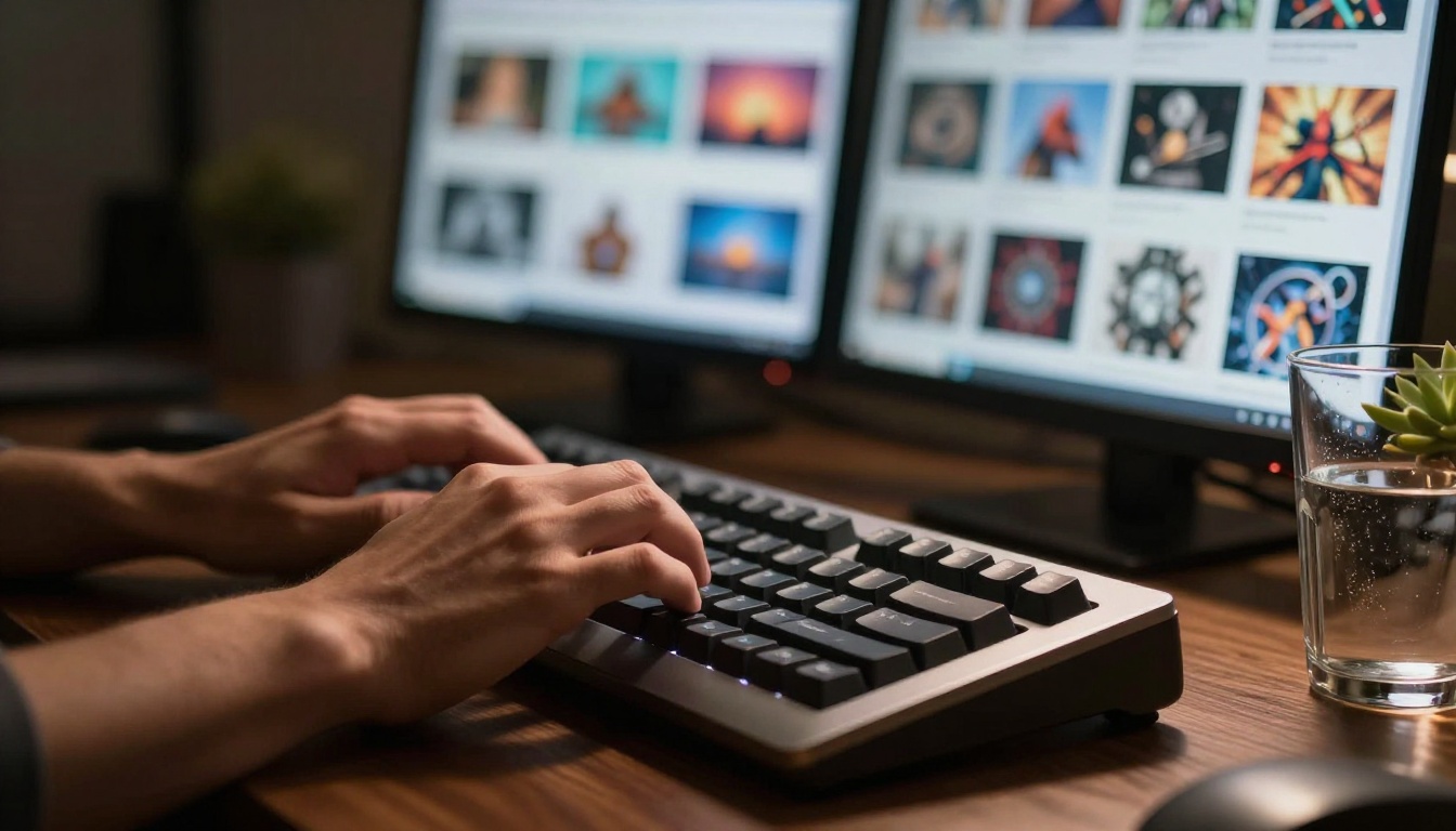 Hands typing on keyboard with AI image gallery on dual monitors in background