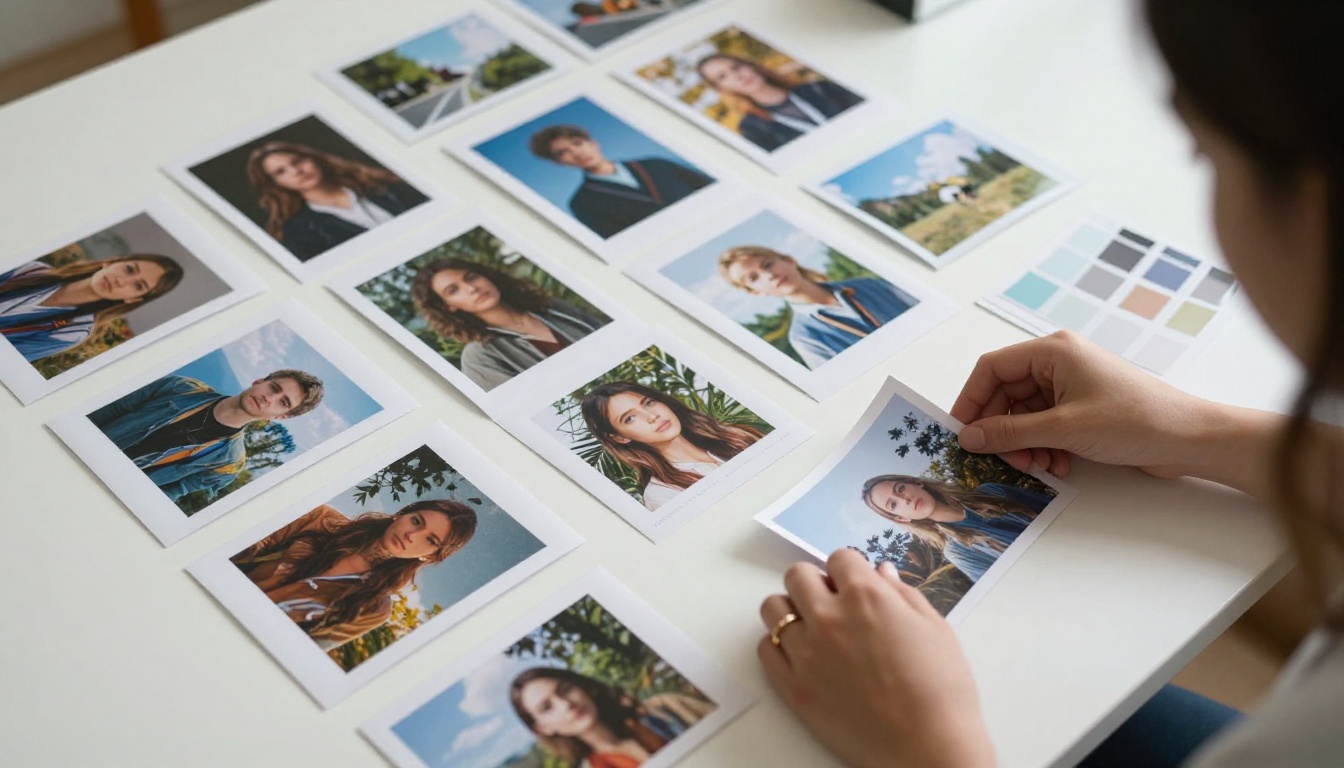 Aerial view of printed AI-generated photographs arranged on white table