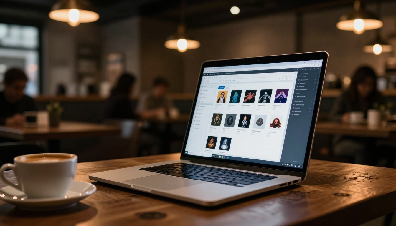 Laptop screen glowing in dimly lit coffee shop showing AI platform interface