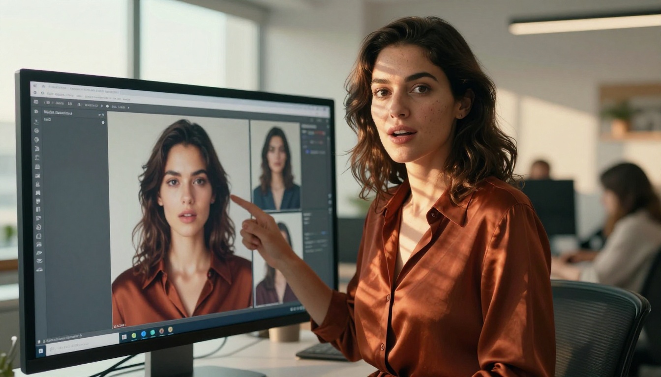 Woman pointing at AI image gallery on large monitor in modern office