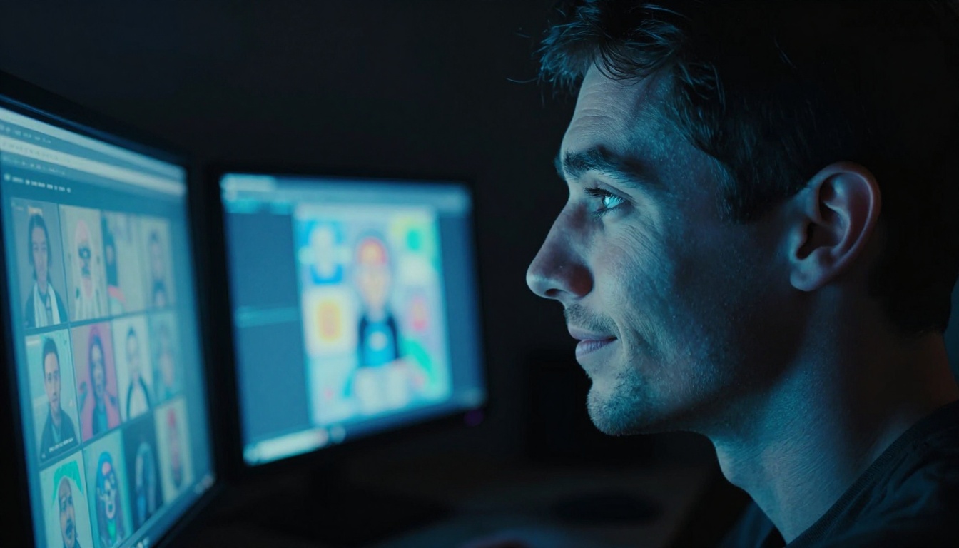 Man's face illuminated by blue monitor light showing AI-generated imagery reflected in eyes