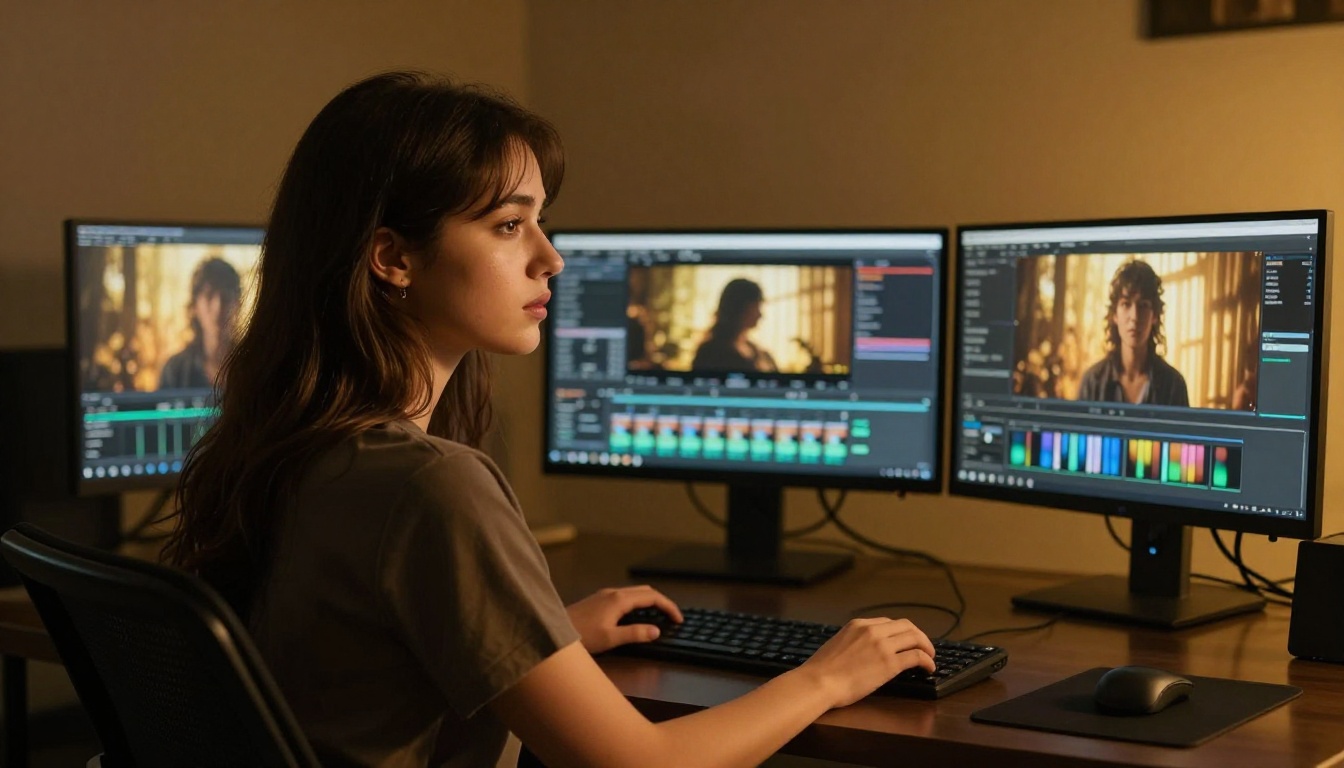 AI video editing workstation with multiple monitors