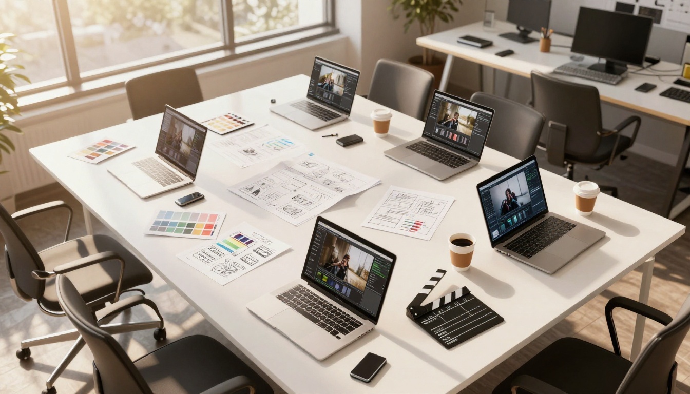 Aerial view of creative studio workspace with filmmaking tools