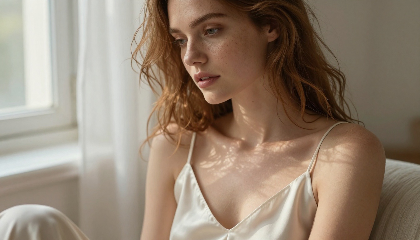 Close-up portrait of a woman in ivory silk dress by morning light