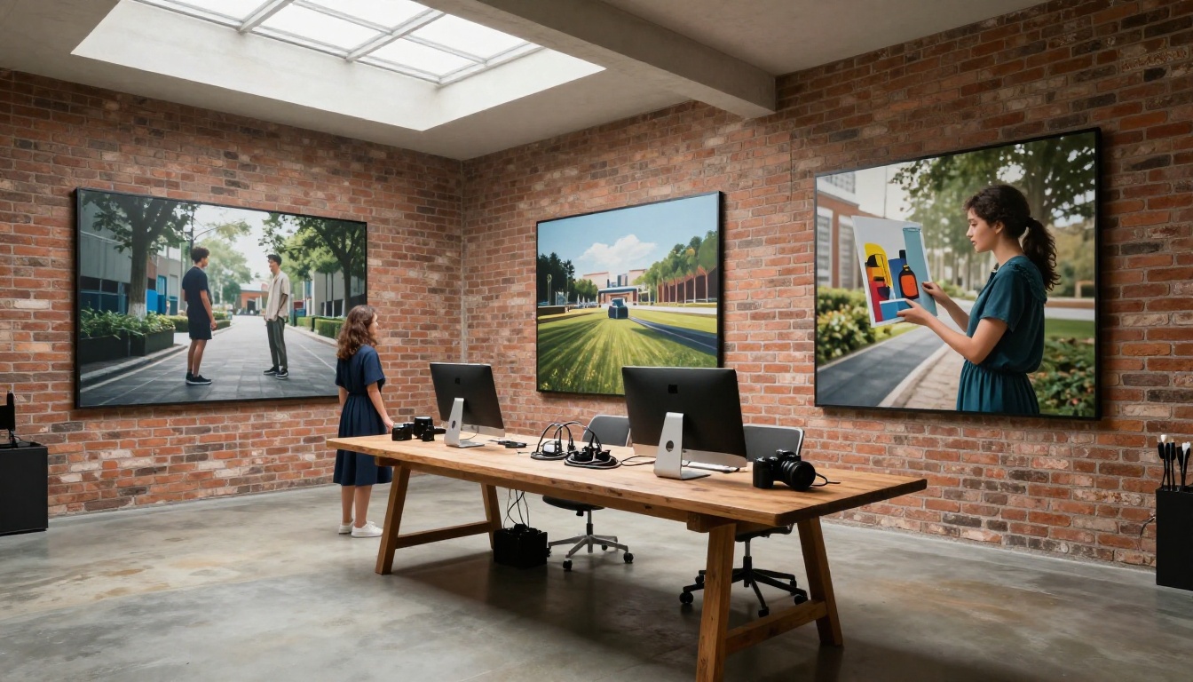 Wide shot of modern creative AI studio workspace with art prints on exposed brick wall