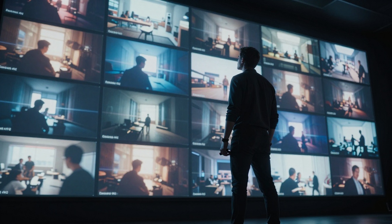 Director viewing AI-generated video on a monitor wall