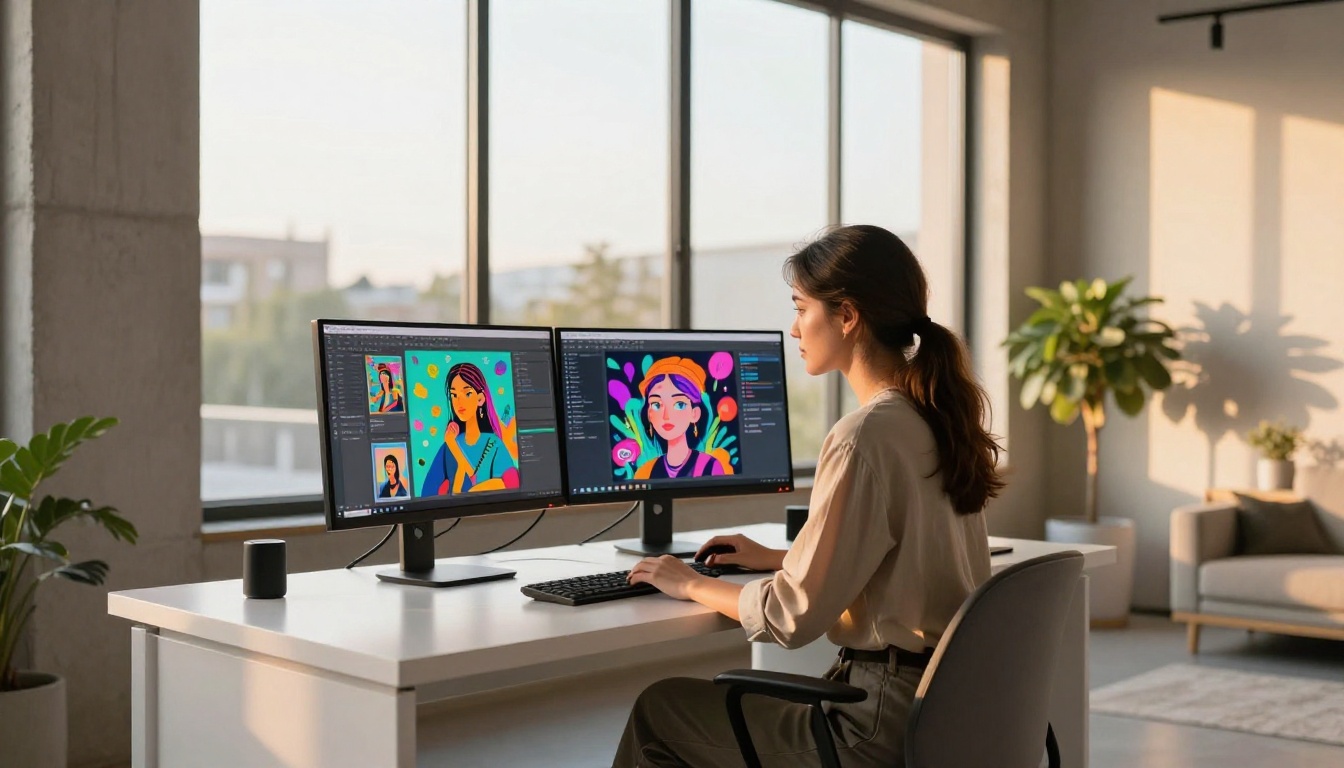 Creative professional woman at a modern home studio desk with dual monitors