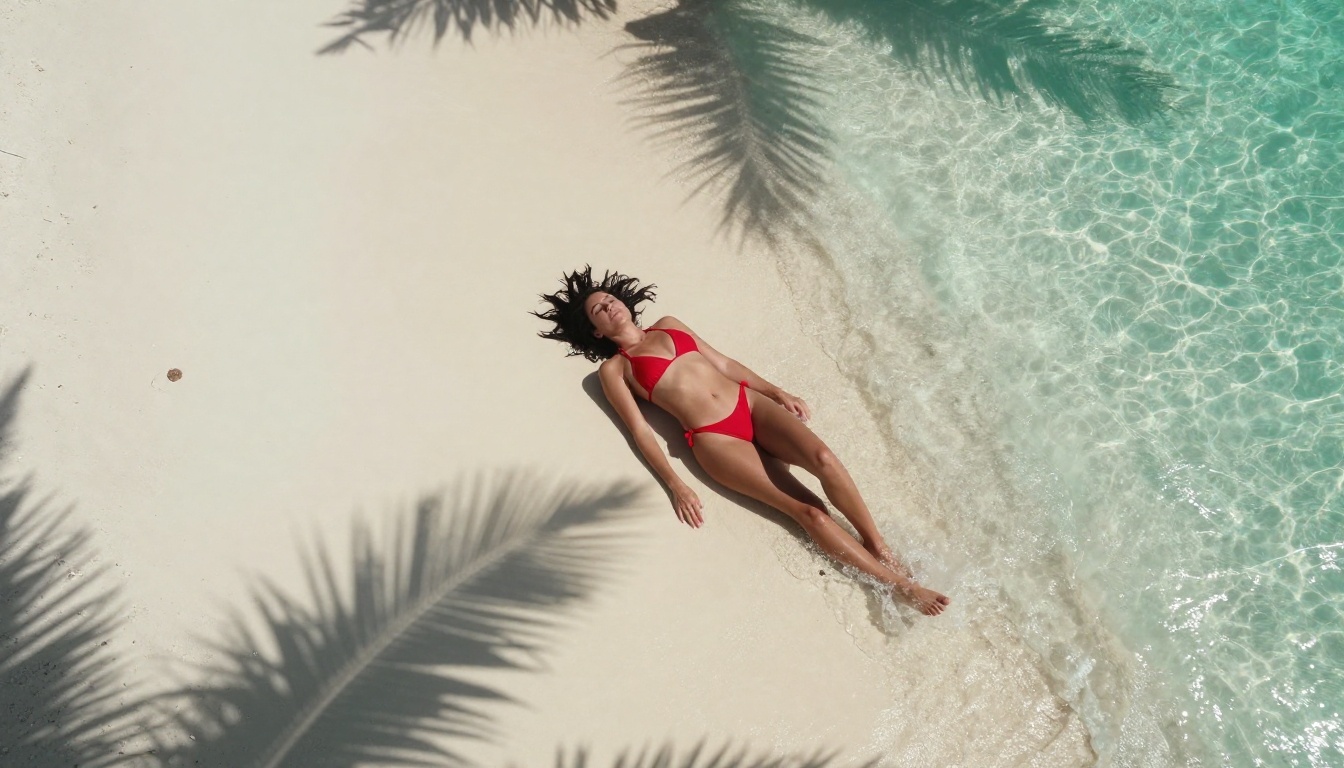 Aerial drone shot of a woman in a red string bikini on white sand beach