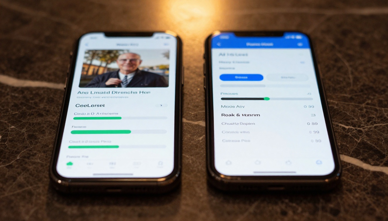 Two smartphones side by side showing AI video generation interfaces on dark marble surface