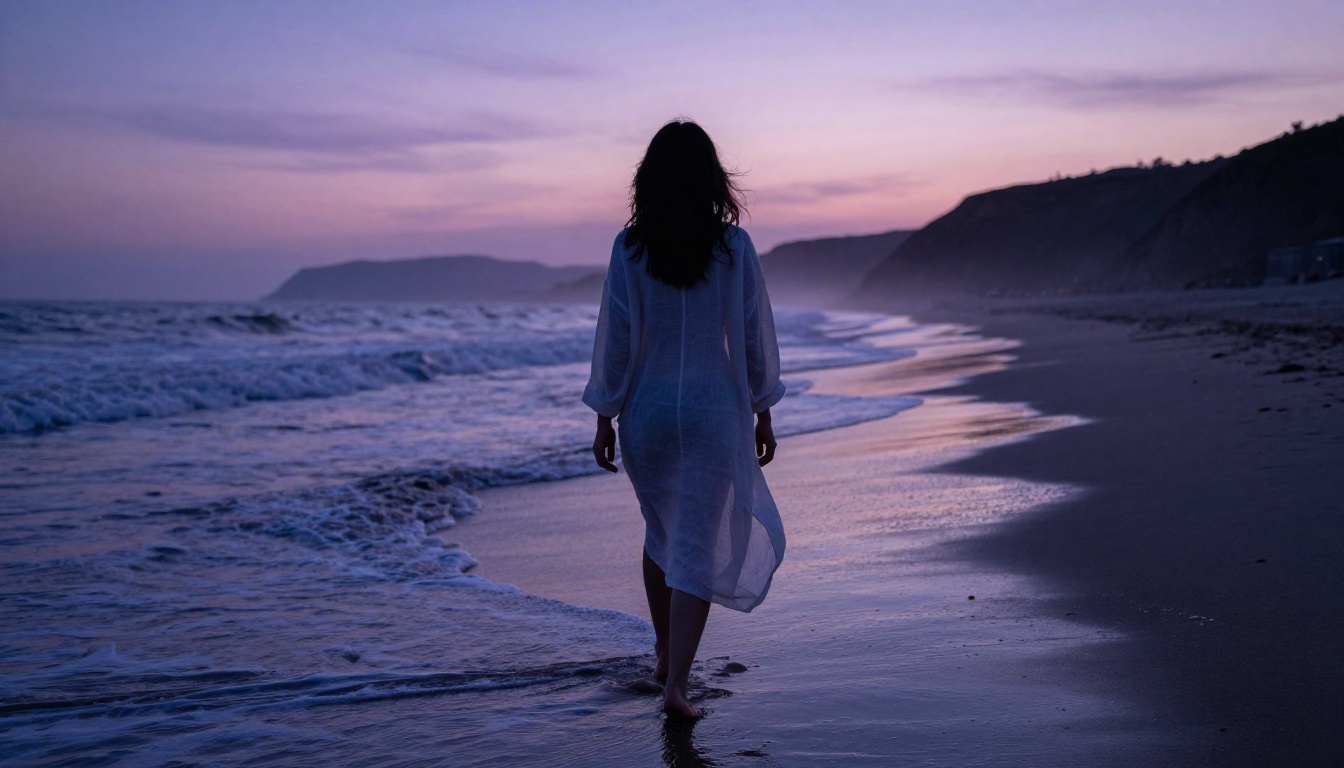 Woman in a sheer white cover-up walking along a beach at twilight