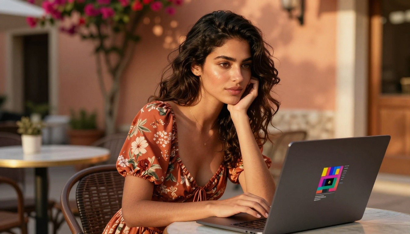 Stylish woman at outdoor Mediterranean café with laptop showing AI platform in golden hour light