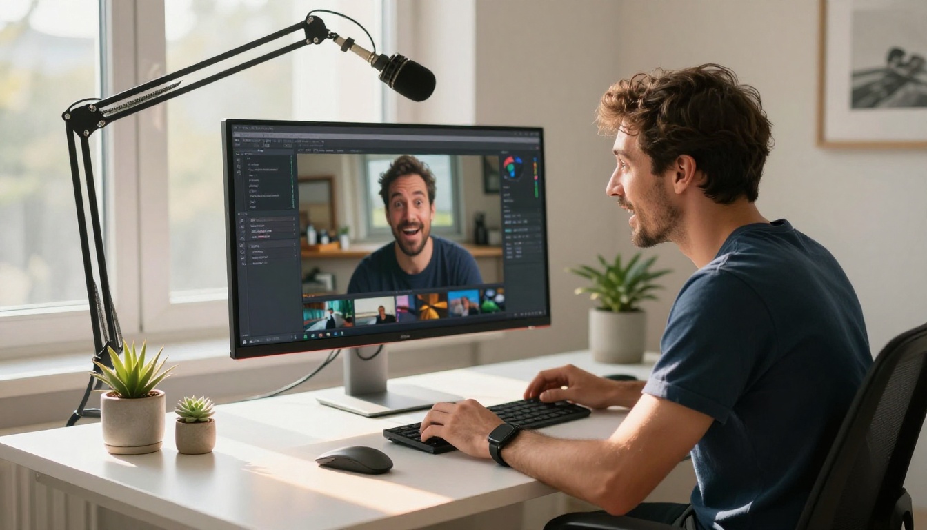 A content creator reviewing AI-generated video clips on a monitor with genuine excitement A content creator reviewing AI-generated video clips on a monitor with genuine excitement